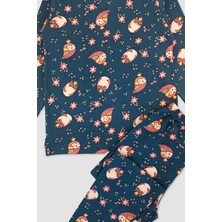 Elmas Kids Kız Çocuk  Pamuk Koyu Yeşil Baykuş ve Çiçek Desenli Uzun Kollu Pijama Takımı