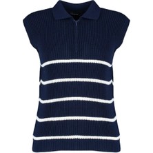 FRM Kadın Moda Şık Polo Yaka Standart Kol Regular Fermuarlı Çizgili Triko Süveter