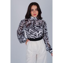 Kadın Zebra Desen Şifon Crop Bluz
