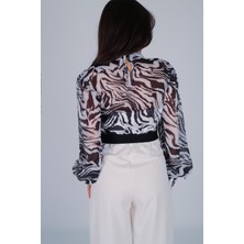 Kadın Zebra Desen Şifon Crop Bluz
