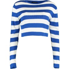 FRM Kadın Moda Şık Bisiklet Yaka Standart Kol Crop Basic Çizgili Triko Kazak