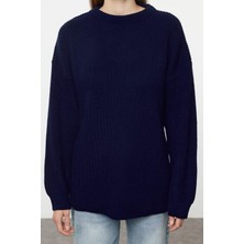 FRM Kadın Moda Şık Bisiklet Yaka Standart Kol Regular Geniş Kalıp Fitilli Triko Kazak