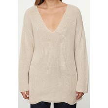 Kadın Moda Şık V Yaka Standart Kol Regular Geniş Kalıp Basic Triko Kazak