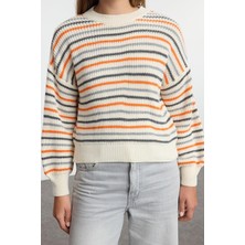 FRM Kadın Moda Şık Bisiklet Yaka Standart Kol Regular Basic Çizgili Triko Kazak