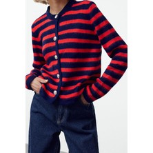 FRM Kadın Moda Şık Bisiklet Yaka Standart Kol Regular Yumuşak Dokulu Çizgili Ceket Görünümlü Triko Hırka