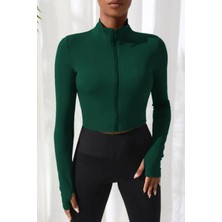 Prag Fermuarlı Uzun Kollu Parmaklık Detaylı Dik Yaka Crop Top Bluz