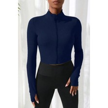 Prag Fermuarlı Uzun Kollu Parmaklık Detaylı Dik Yaka Crop Top Bluz