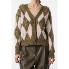 FRM Kadın Moda Şık V Yaka Standart Kol Regular Yumuşak Dokulu Ekose Desenli Triko Hırka