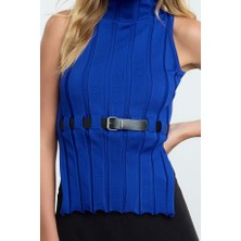 Ersefa Kadın Standart Kol Dik Yaka Kemerli Triko Süveter