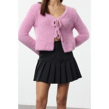 Ersefa Stil Modern Kadın Crop Standart Kol V Yaka Tüylü Bağlama Detaylı Triko Hırka