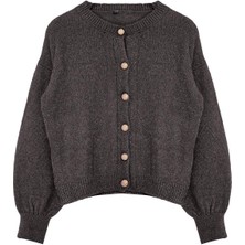 FRM Kadın Moda Şık Bisiklet Yaka Standart Kol Regular Buklet Triko Hırka