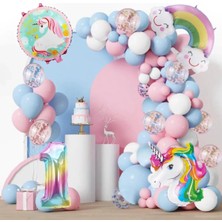 Bkmc Party Unicorn Gökkuşağı Temalı Gökkuşağı Yaş Folyo Balonlu Zinciri Doğum Günü Parti Kutlama Seti Süsü