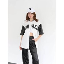 Sosostyle Complex Kolları Deri Kolej Oversize T-Shirt - Beyaz