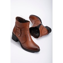 Dilimler Ayakkabı Hakiki Deri Kadın Topuklu Bot Taba Bağsız Yuvarlak Burun