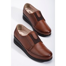 Dilimler Ayakkabı Hakiki Deri Ortopedik Kadın Dolgu Topuklu Ayakkabı Taba Elastik Bantlı Bağsız