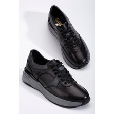 Dilimler Ayakkabı  Deri Ortopedik Erkek Günlük Ayakkabı Siyah Kalın Taban Bağlı