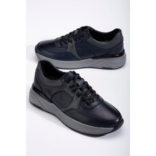 Dilimler Ayakkabı Deri Ortopedik Erkek Günlük Ayakkabı Lacivert Kalın Taban Bağlı