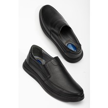 Dilimler Ayakkabı Deri Ortopedik Erkek Günlük Ayakkabı Siyah Bağsız Düz Taban