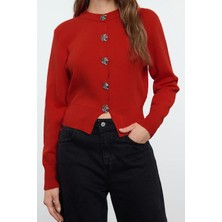 Ersefa Stil Modern Kadın Crop Standart Kol Bisiklet Yaka Özel Iplik Gül Düğme Ceket Görünümlü Triko Hırka