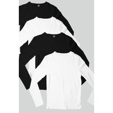 Düz 2 Siyah, 2 Beyaz Uzun Kollu Kadın Penye T-Shirt 4'lü Süper Eko Paket