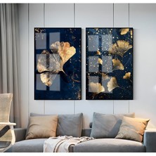 Harikabirev Lacivert Gold Tropik Yaprak Kombini  Çerçeveli Cam Tablo  2'li