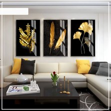 Harikabirev Siyah Gold Yapraklar  Seti  Çerçeveli Cam Tablo 3'lü