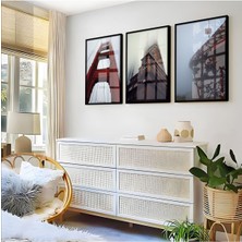 Harikabirev Kırmızı Gri Sisli Bina/Köprü Kombini  Çerçeveli Cam Tablo  3'lü