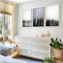 Harikabirev Siyah Gri Sisli Manzara Kombini  Çerçeveli Cam Tablo  3'lü