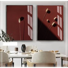 Harikabirev Soft Bordo Krem Bitki Kombini Çerçeveli Cam Tablo  2'li