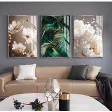 Harikabirev Krem Gold Yeşil Renk  Soft Çiçek Yaprak Kombin  Çerçeveli Cam Tablo 3'lü