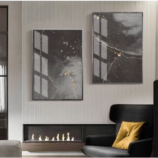 Harikabirev Gri Gold Desenli Soyut Kombini  Çerçeveli Cam Tablo  2'li