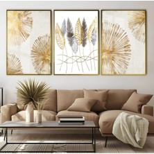 Harikabirev Beyaz Gold Yapraklar Soyut Kombin  Çerçeveli Cam Tablo  3'lü