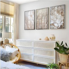 Harikabirev Krem Beyaz Soft Çiçek Manzara Kombini  Çerçeveli Cam Tablo  3'lü