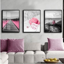 Harikabirev Pudra Pembe Renk Manzara Kombini  Çerçeveli Cam Tablo 3'lü