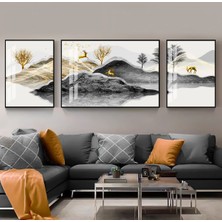 Harikabirev Gold Siyah Soyut Geyik Abstract Kombini  Çerçeveli Temperli Cam Tablo 3'lü