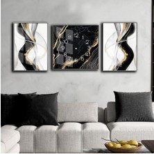 Harikabirev Siyah Gold Beyaz Soyut Desenli Set  Çerçeveli Saatli Cam Tablo