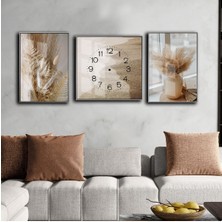 Harikabirev Krem Bej Kahverengi Sıcak Renkler Dekor Kombin Modeli  Çerçeveli Saatli Cam Tablo