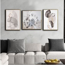 Harikabirev Mavi Beyaz Gold Çizgi Desenli Abstract Kombin Modeli  Çerçeveli Saatli Cam Tablo