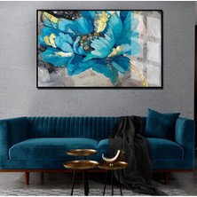 Harikabirev Mavi Gold Yağlı Boya Efetkli Kabartmasız  Çerçeveli Temperli Cam Tablo Tekli