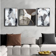 Harikabirev Krem Beyaz Gri Abstract Desenli Model Seti Çerçeveli Saatli Cam Tablo