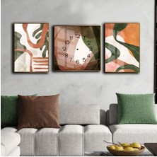Harikabirev Pembe Yeşil Turuncu Sıcak Renkler Soyut Kombin Seti  Çerçeveli Saatli Cam Tablo