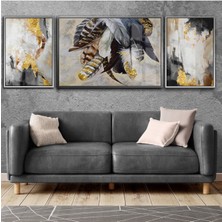 Harikabirev Gold Siyah Renk Tüy Soyut Kombini  Çerçeveli Temperli Cam Tablo 3'lü