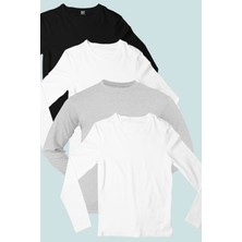 Düz 2 Beyaz, Siyah, Gri Uzun Kollu Kadın Penye T-Shirt 4'lü Süper Eko Paket