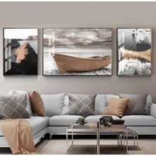 Harikabirev Krem Beyaz Renk Kayık Dağ Kombini  Çerçeveli Temperli Cam Tablo 3'lü