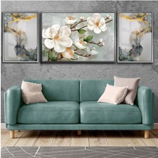 Harikabirev Su Yeşili Gold Kombini Çiçek Ve Soyut Kombini Çerçeveli Temperli Cam Tablo 3'lü