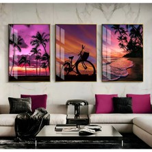 Harikabirev Mor Renk Kombini Yaz Manzarası Deniz Kenarı  Çerçeveli Temperli Cam Tablo 3'lü