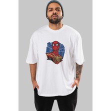 ankhisesSpiderman (29) Ön Baskılı Beyaz Oversize T-Shirt Bisiklet Yaka Erkek Kadın