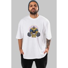 ankhises Thanos Gym Ön Baskılı Beyaz Oversize T-Shirt Bisiklet Yaka Erkek Kadın