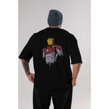 ankhisesIron Man (2) Arka Baskılı Siyah Oversize T-Shirt Bisiklet Yaka Pamuk Erkek Kadın