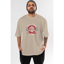 Ankhises Kratos Gym Ön Baskılı Bej Oversize T-Shirt Bisiklet Yaka Pamuk Erkek Kadın